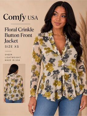Comfy USA Floral Crinkle Mesh Button Front Jacket Top XS Made in USA